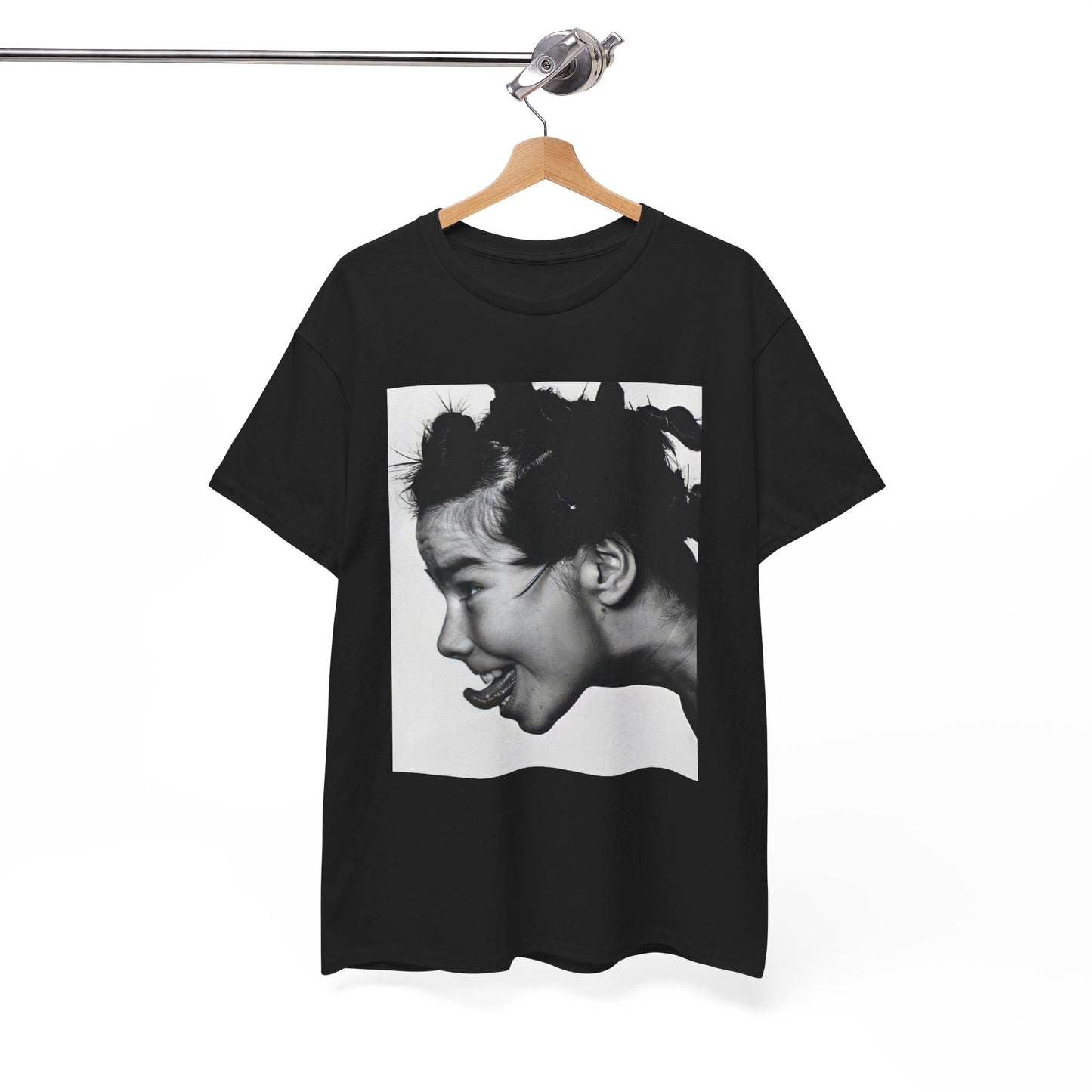 A black graphic t-shirt featuring a graphic of Bjork, designed with an indie 90s aesthetic.