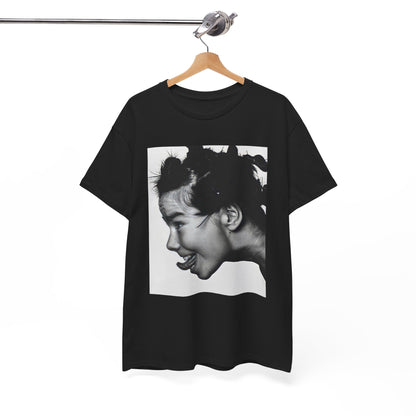 A black graphic t-shirt featuring a graphic of Bjork, designed with an indie 90s aesthetic.