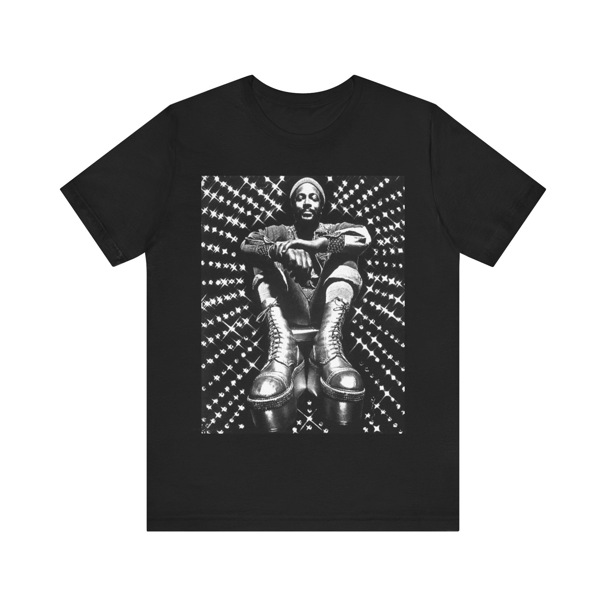 A black graphic t-shirt featuring a black and white vintage soul icon graphic of Marvin Gaye.