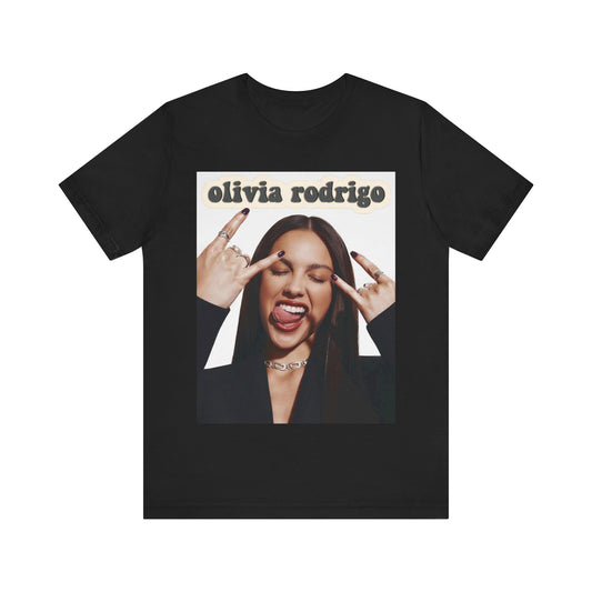 A black graphic t-shirt featuring a graphic related to Olivia Rodrigo's timeless pop anthems.