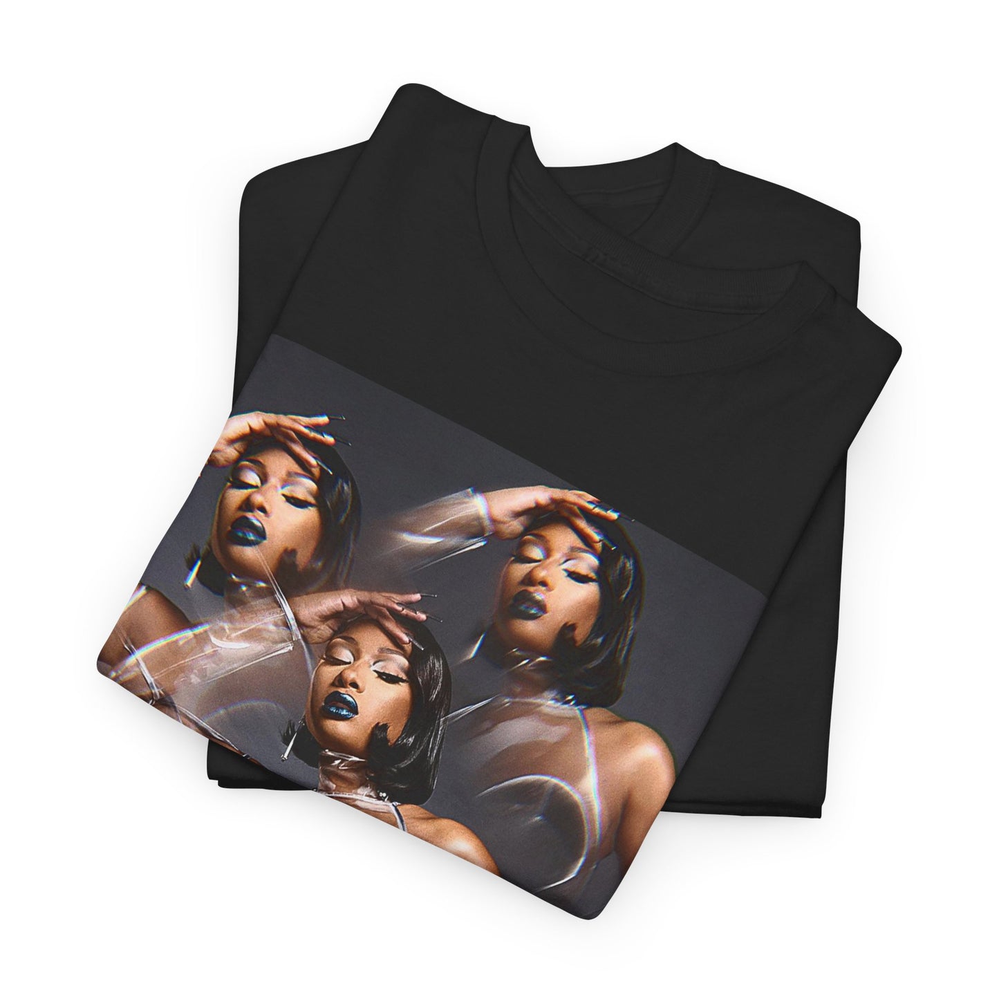 A black graphic t-shirt featuring a 'Hottie' rap icon graphic of Megan Thee Stallion.