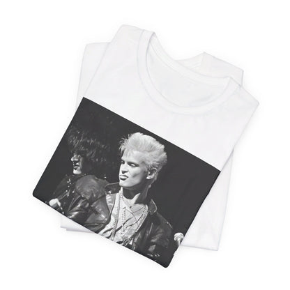 A black graphic t-shirt featuring a live concert graphic of Billy Idol, designed for a comfortable fit.