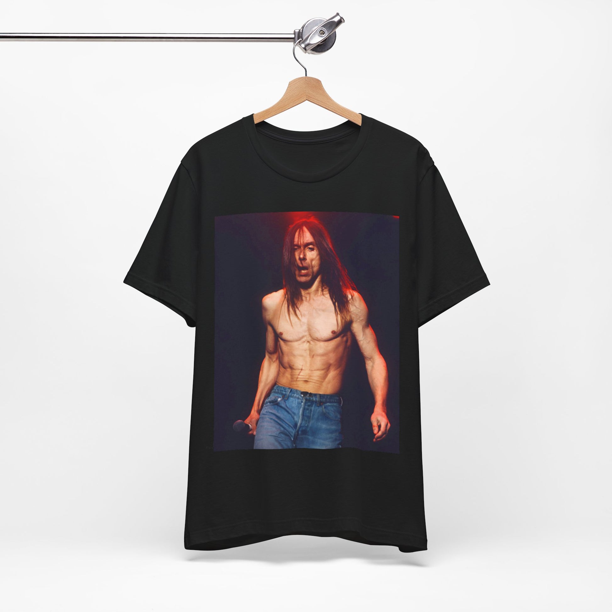 A black graphic t-shirt featuring a graphic related to Iggy Pop's 'Raw Power' era.