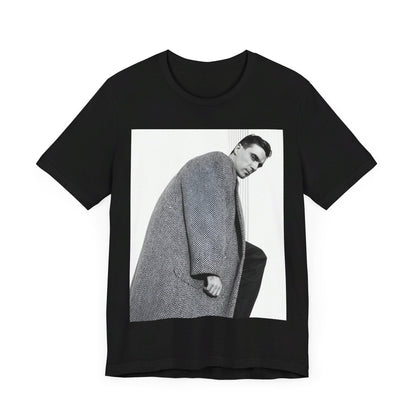 A black graphic t-shirt featuring a graphic of David Byrne from Talking Heads in his classic style.