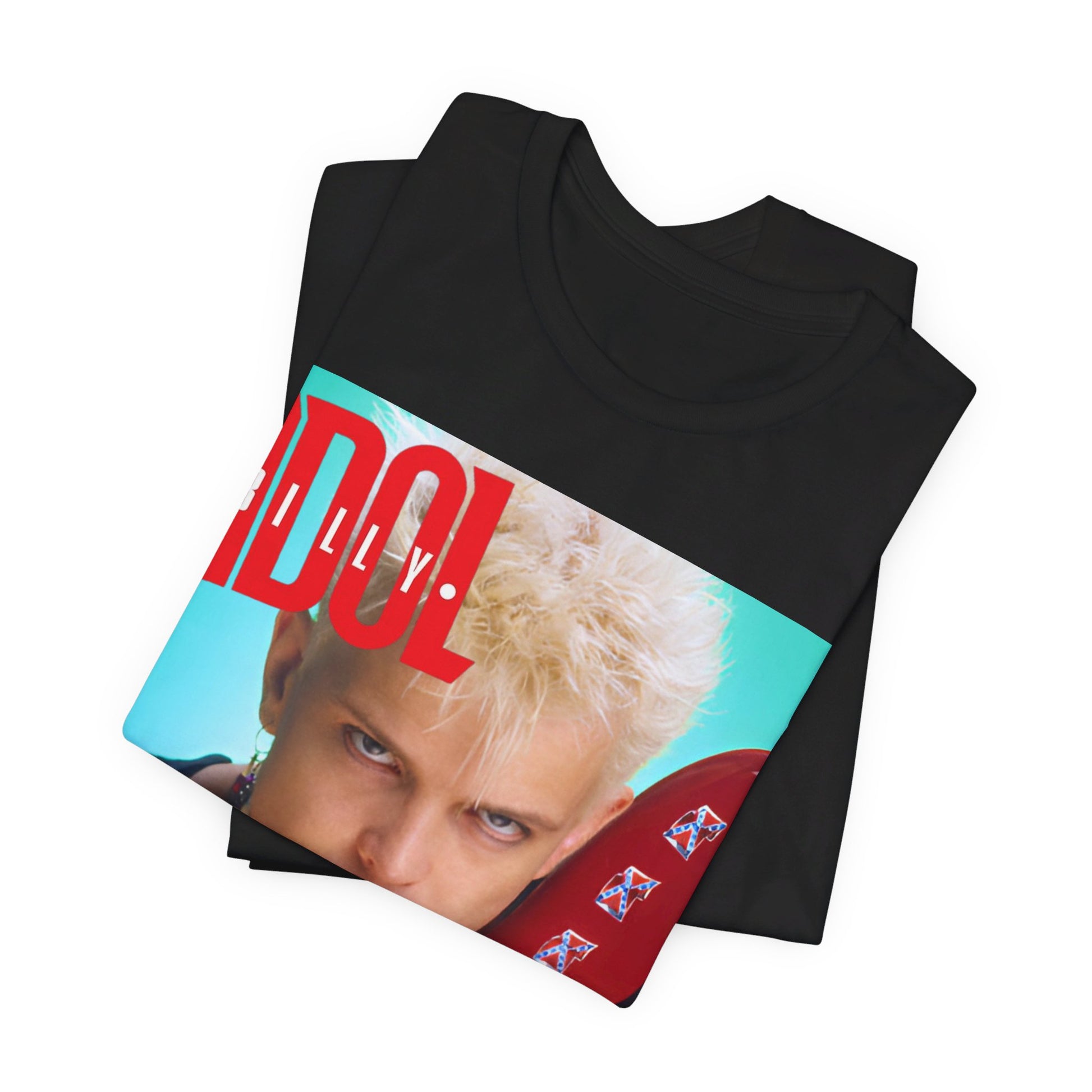 A black graphic t-shirt featuring a retro 80s graphic related to Billy Idol's 'Don't Stop' era or song.