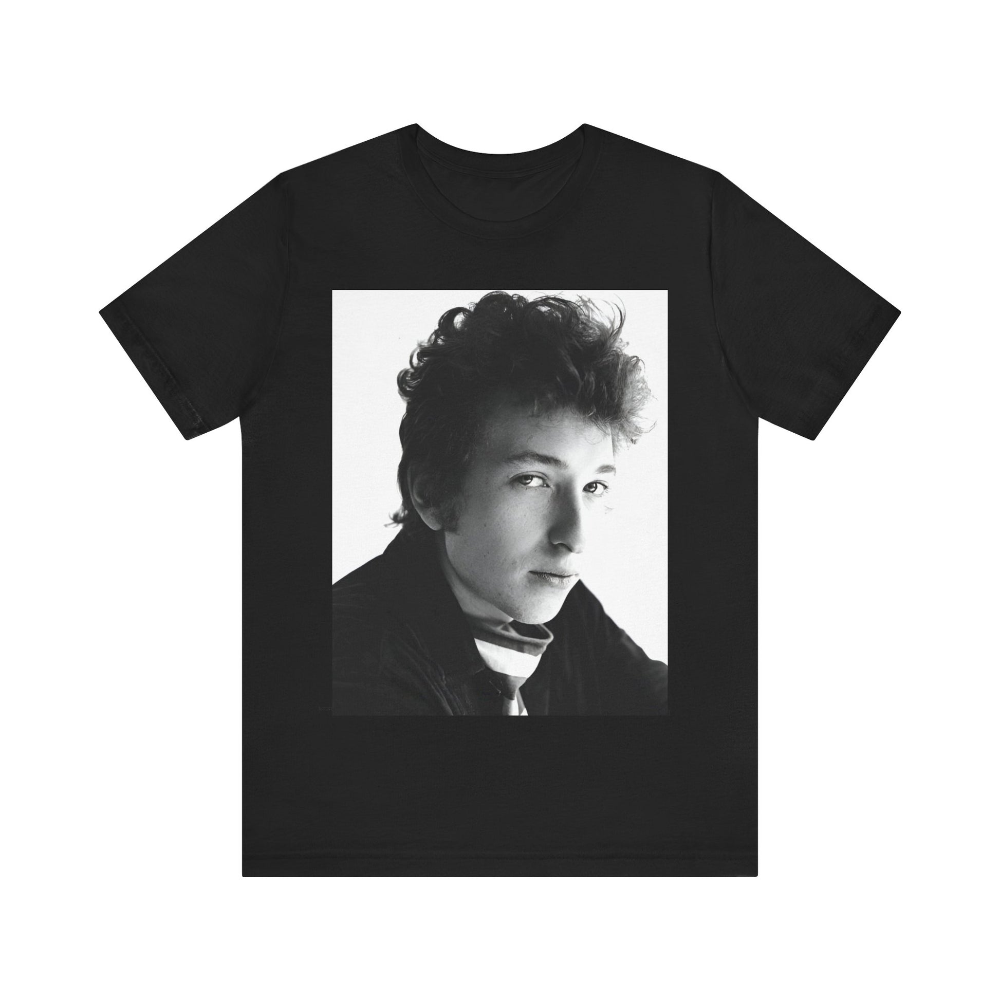 A black graphic t-shirt featuring a graphic related to Bob Dylan's 'Like a Rolling Stone' song or era.