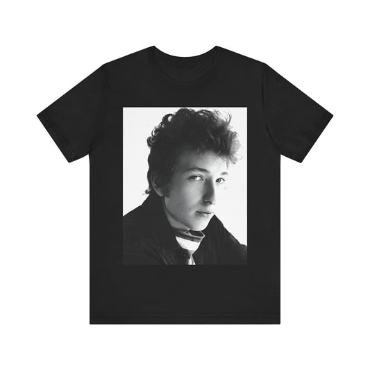A black graphic t-shirt featuring a graphic related to Bob Dylan's 'Like a Rolling Stone' song or era.