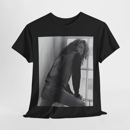 A black graphic t-shirt featuring a 90s black and white photo portrait of Michael Hutchence from INXS.