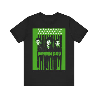 A black graphic t-shirt featuring a retro graphic of Green Day related to their 'American Idiot' album.