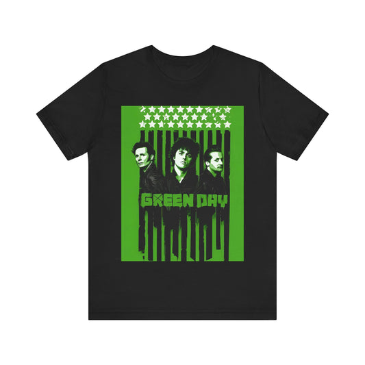 A black graphic t-shirt featuring a retro graphic of Green Day related to their 'American Idiot' album.