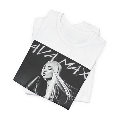 A black graphic t-shirt featuring a black and white portrait photo of Ava Max.