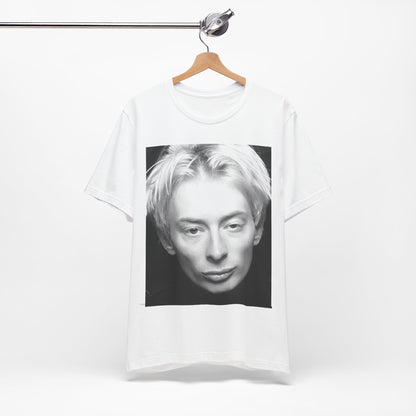 A black graphic t-shirt featuring a 90s black and white portrait photo of Thom Yorke from Radiohead.