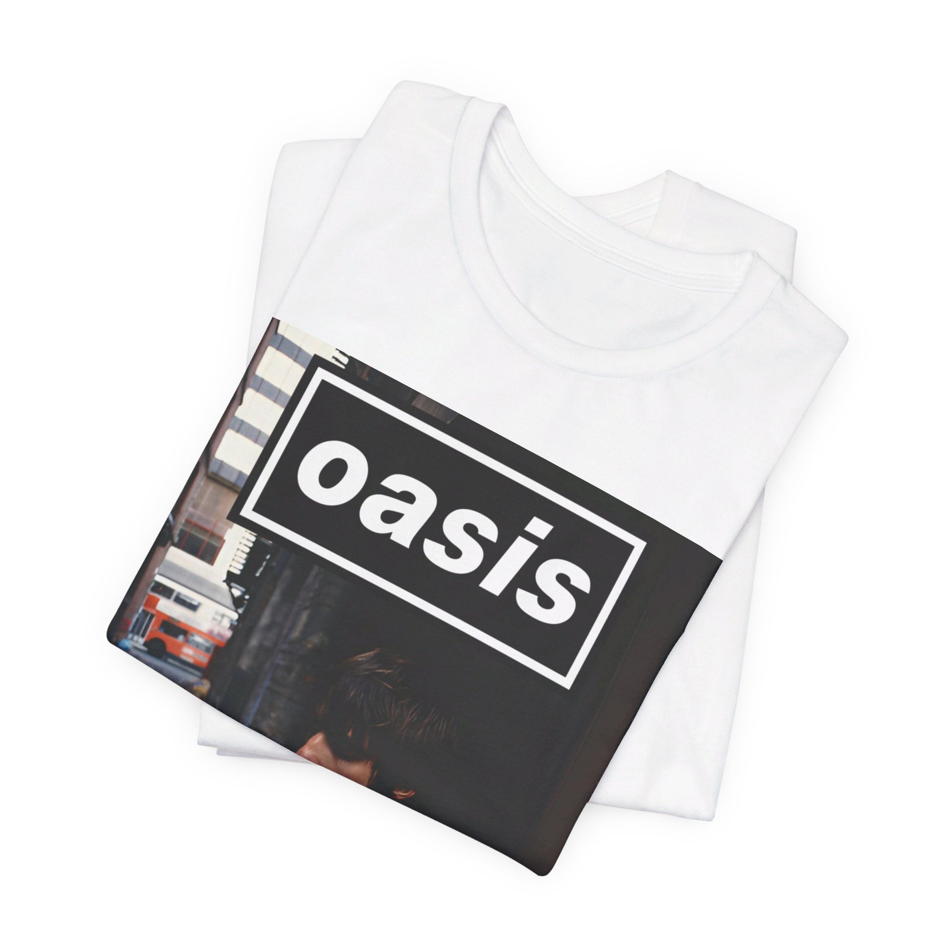 A black graphic t-shirt featuring a classic 90s rock and roll graphic of Oasis.
