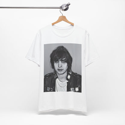 A black graphic t-shirt featuring a portrait photo of Julian Casablancas from The Strokes.