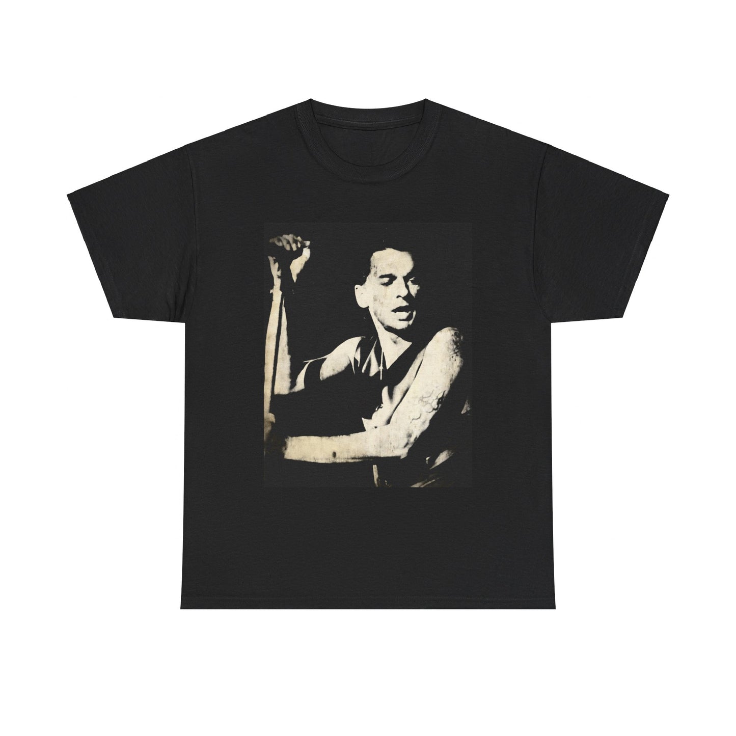 A black graphic t-shirt featuring a black and white graphic or photo of Depeche Mode performing live on stage.