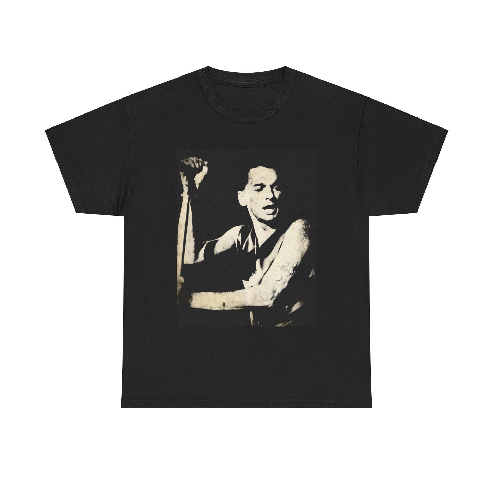 A black graphic t-shirt featuring a black and white graphic or photo of Depeche Mode performing live on stage.