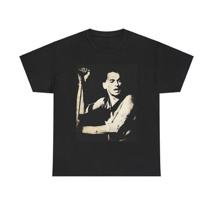 A black graphic t-shirt featuring a black and white graphic or photo of Depeche Mode performing live on stage.
