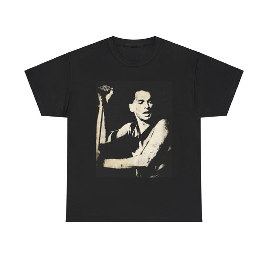 A black graphic t-shirt featuring a black and white graphic or photo of Depeche Mode performing live on stage.