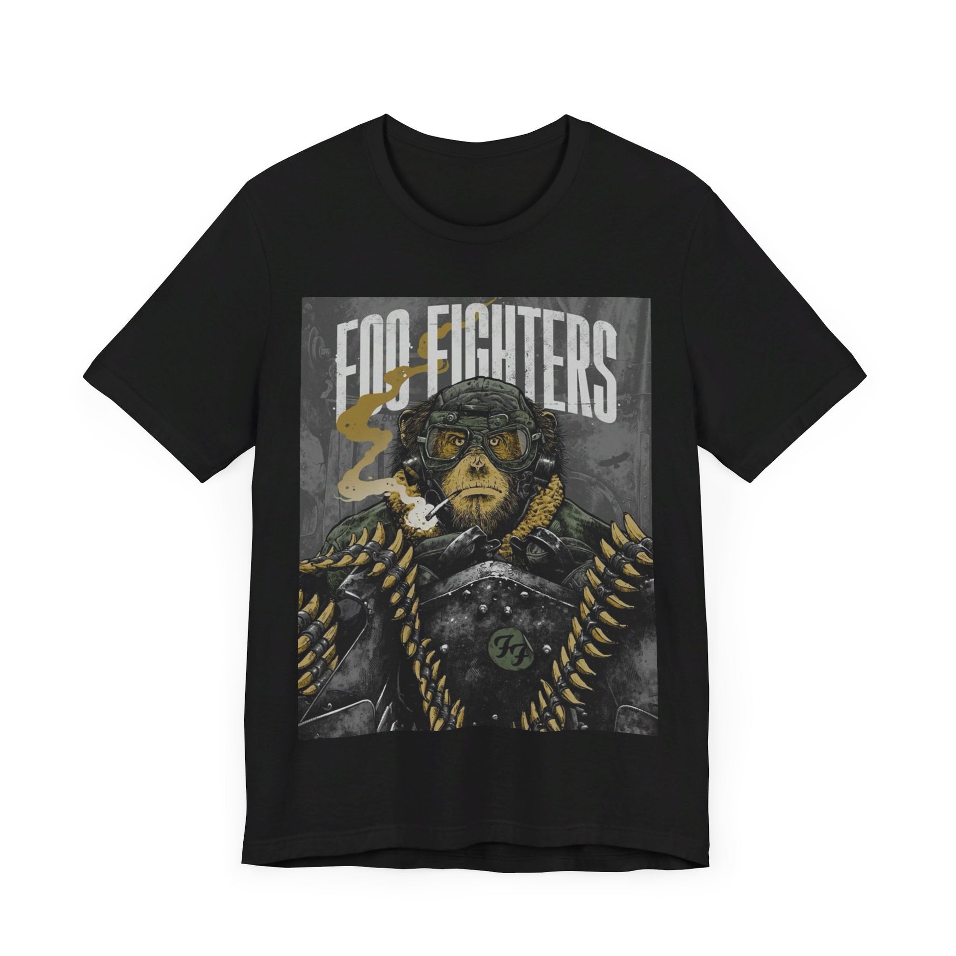 A black graphic t-shirt featuring an aesthetic graphic of a monkey related to Foo Fighters.