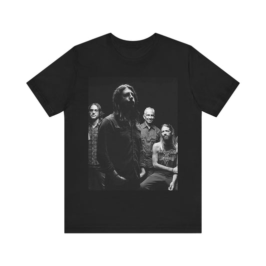 A black graphic t-shirt featuring a black and white, monochrome graphic or photo of Foo Fighters.