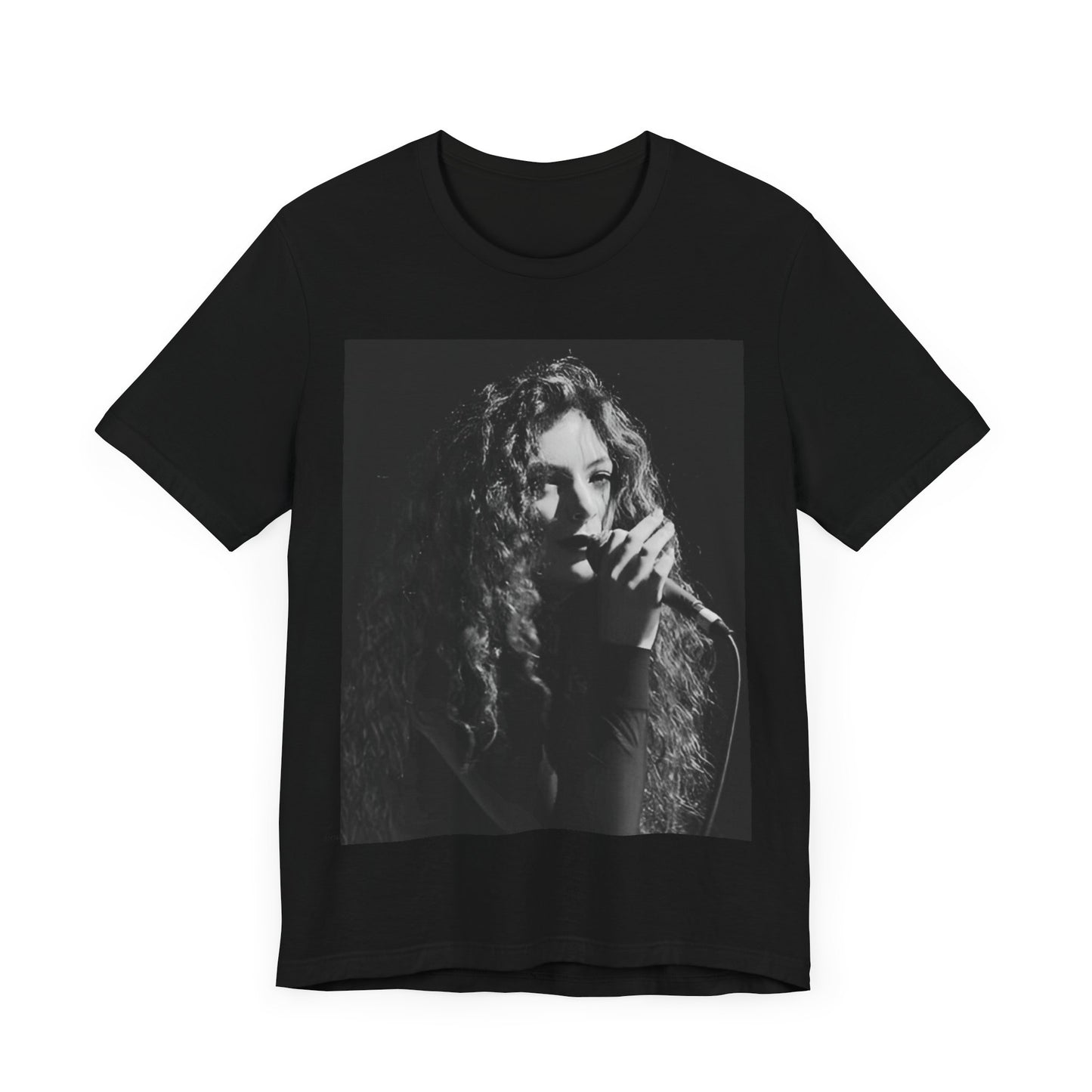 A black graphic t-shirt featuring a graphic or photo of Lorde performing live.