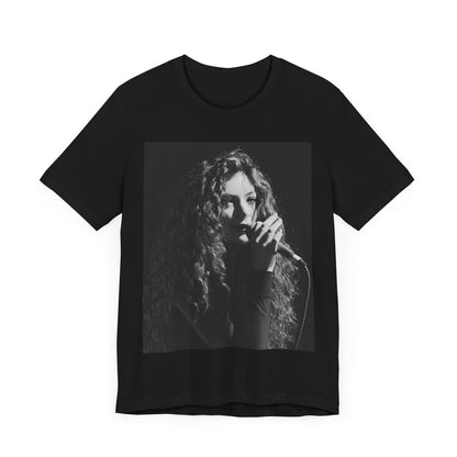 A black graphic t-shirt featuring a graphic or photo of Lorde performing live.