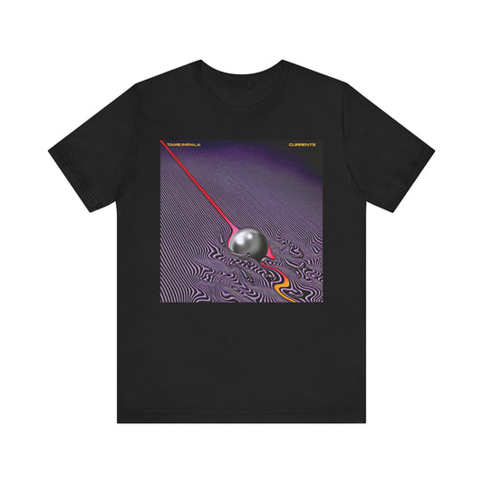 A black graphic t-shirt featuring a graphic related to Tame Impala's 'Currents' album.