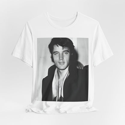 A black graphic t-shirt featuring a black and white rock and roll portrait photo of Elvis Presley.