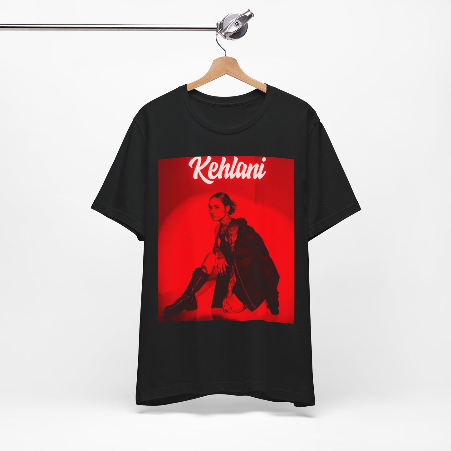 A black graphic t-shirt featuring a photo of Kehlani with a prominent red aesthetic or red lighting.