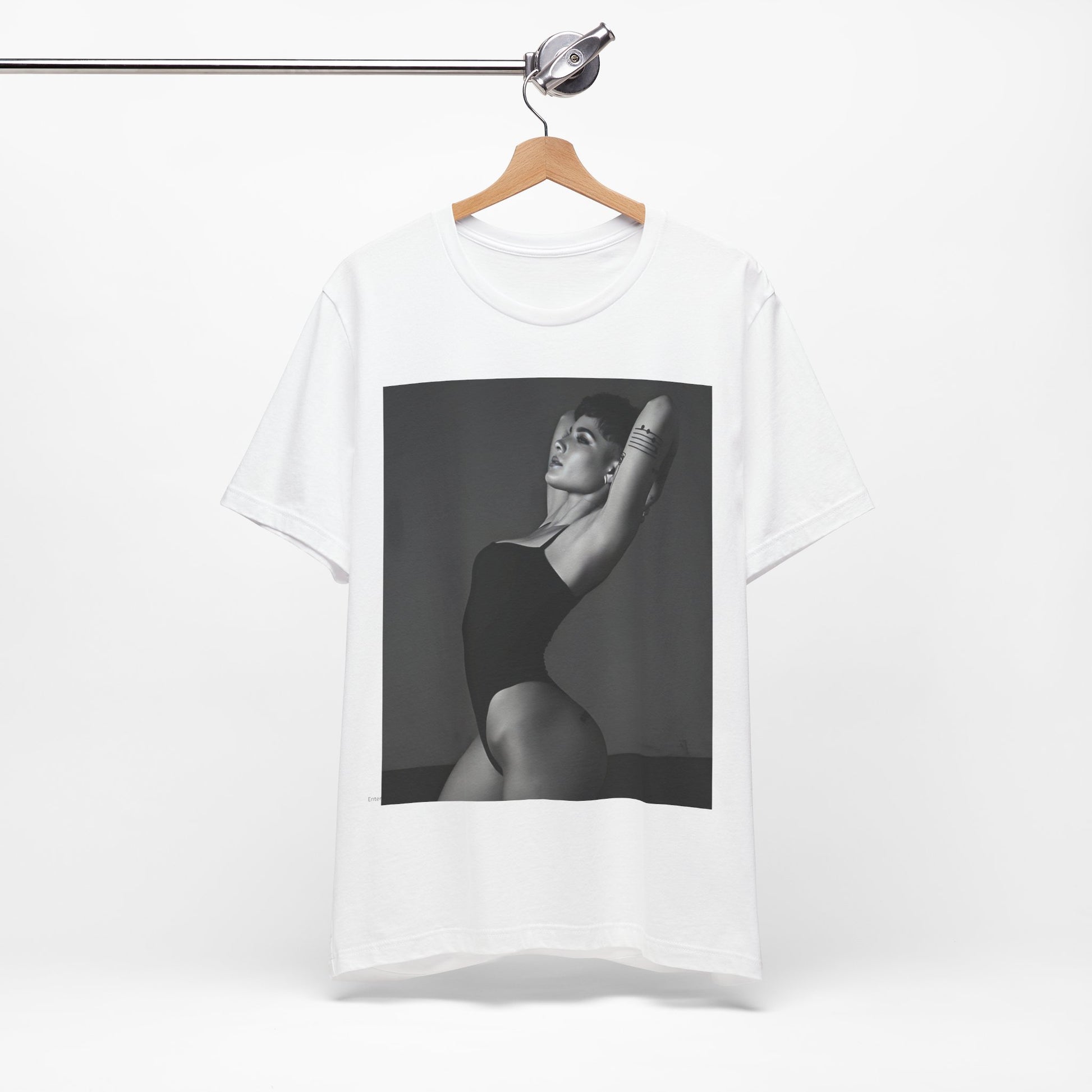 A black graphic t-shirt featuring a black and white, monochrome graphic or photo of Halsey.