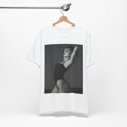 A black graphic t-shirt featuring a black and white, monochrome graphic or photo of Halsey.
