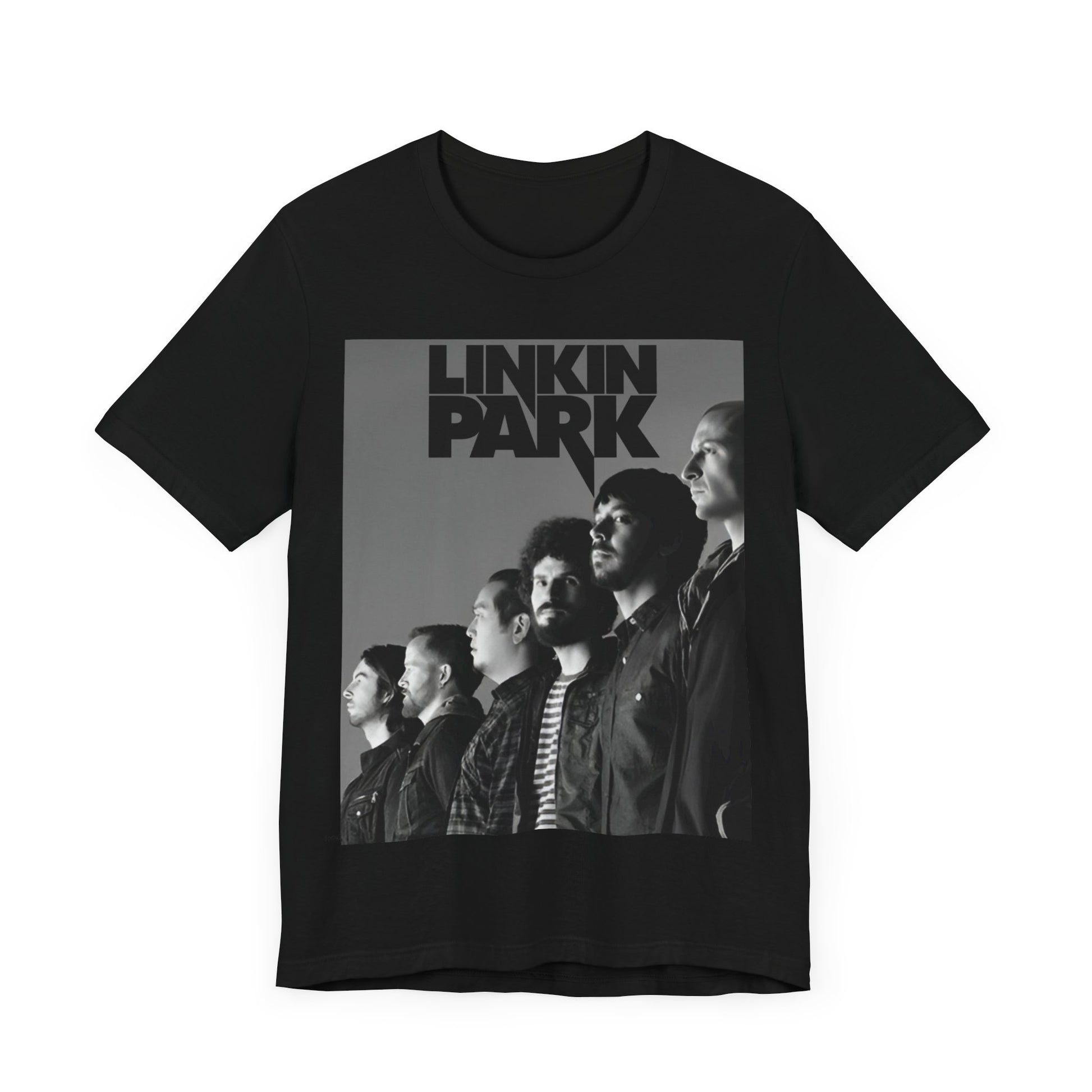 A black graphic t-shirt featuring a vintage nu-metal graphic of Linkin Park.