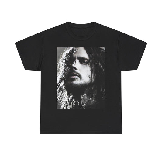 A black graphic t-shirt featuring a 90s black and white retro photo portrait of Chris Cornell.