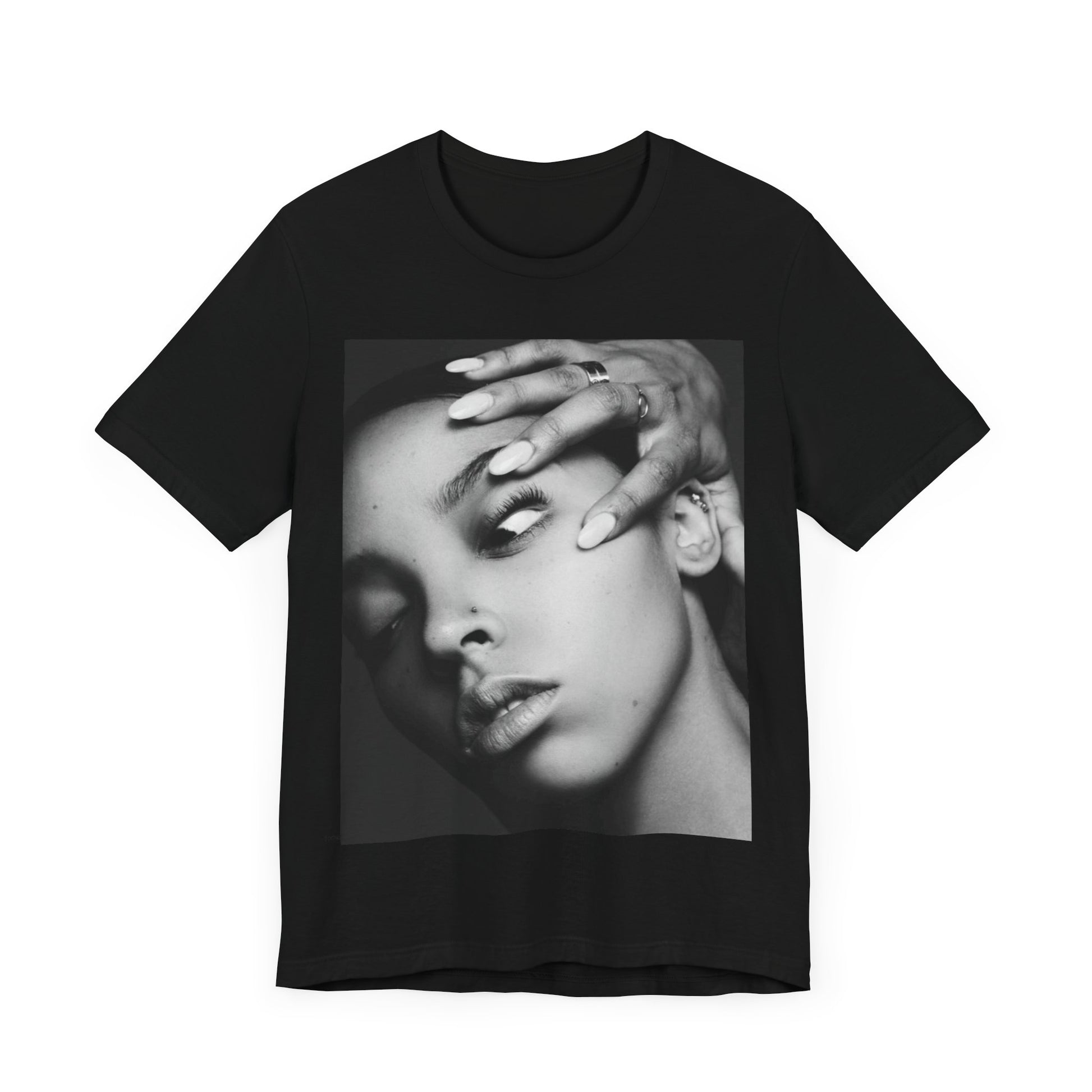 A black graphic t-shirt featuring a black and white, monochrome graphic or photo of Tinashe.