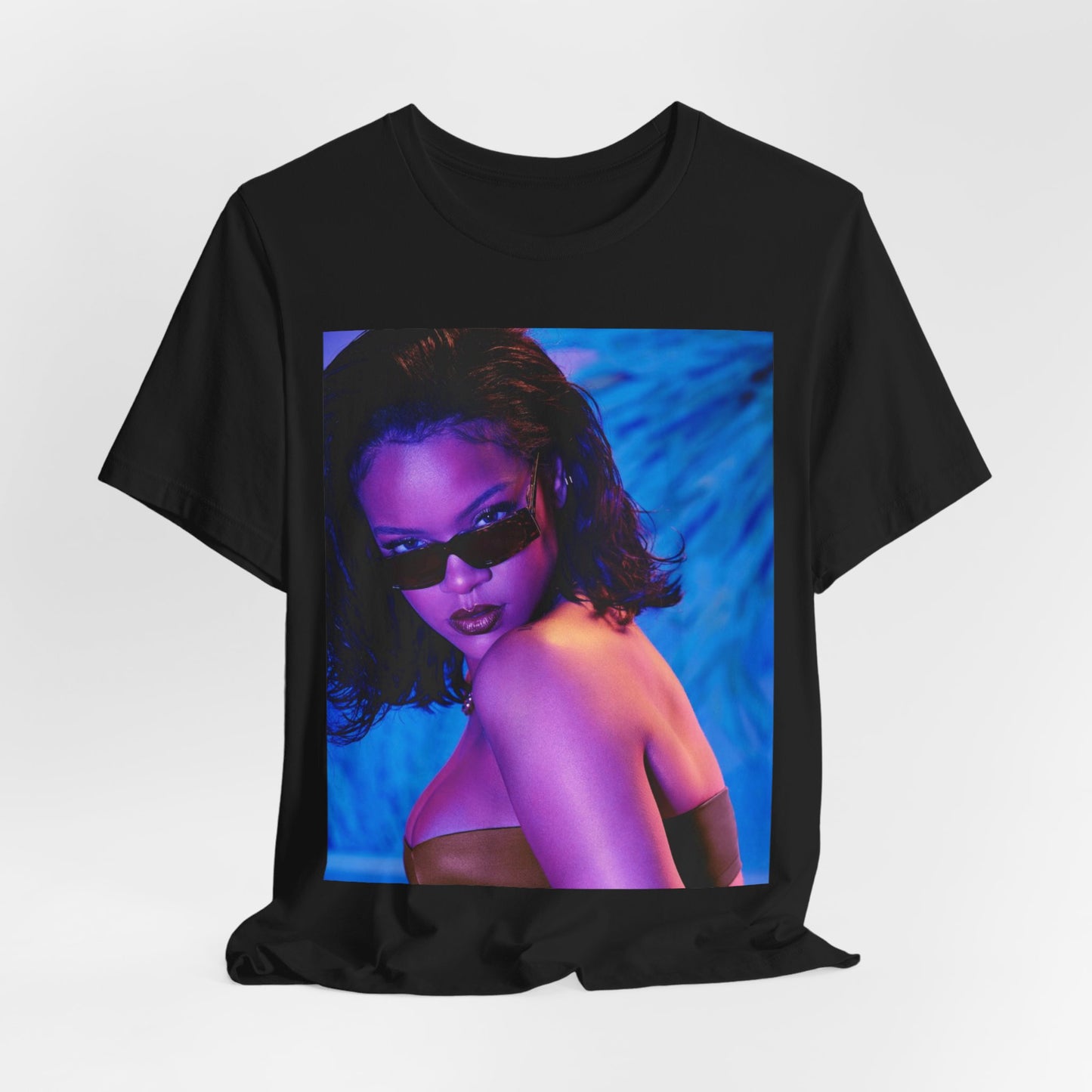 A black graphic t-shirt featuring a retro graphic related to Rihanna's 'Umbrella' song or era.