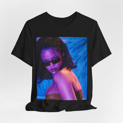 A black graphic t-shirt featuring a retro graphic related to Rihanna's 'Umbrella' song or era.