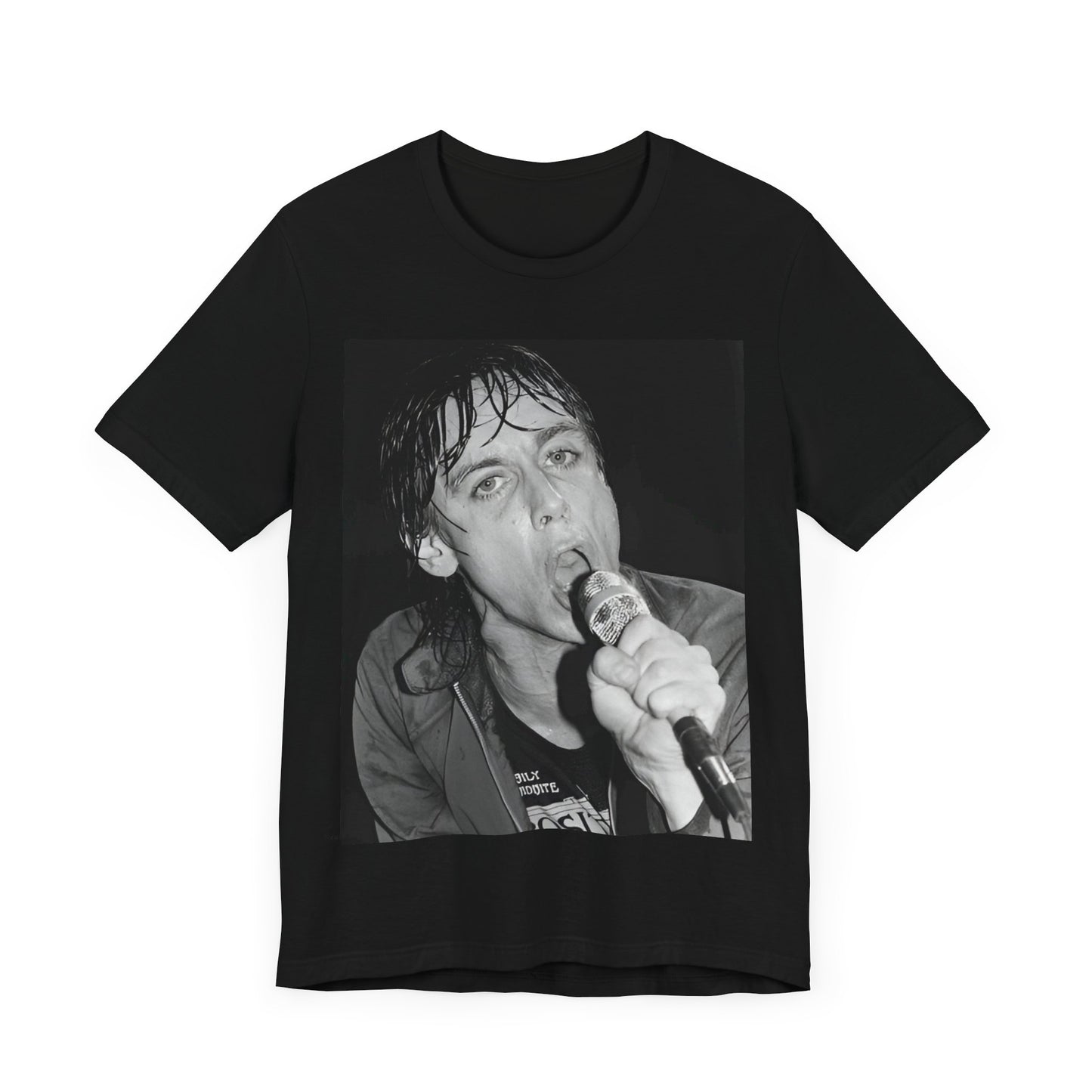 A black graphic t-shirt featuring a 70s graphic or photo of Iggy Pop performing in a wild concert.