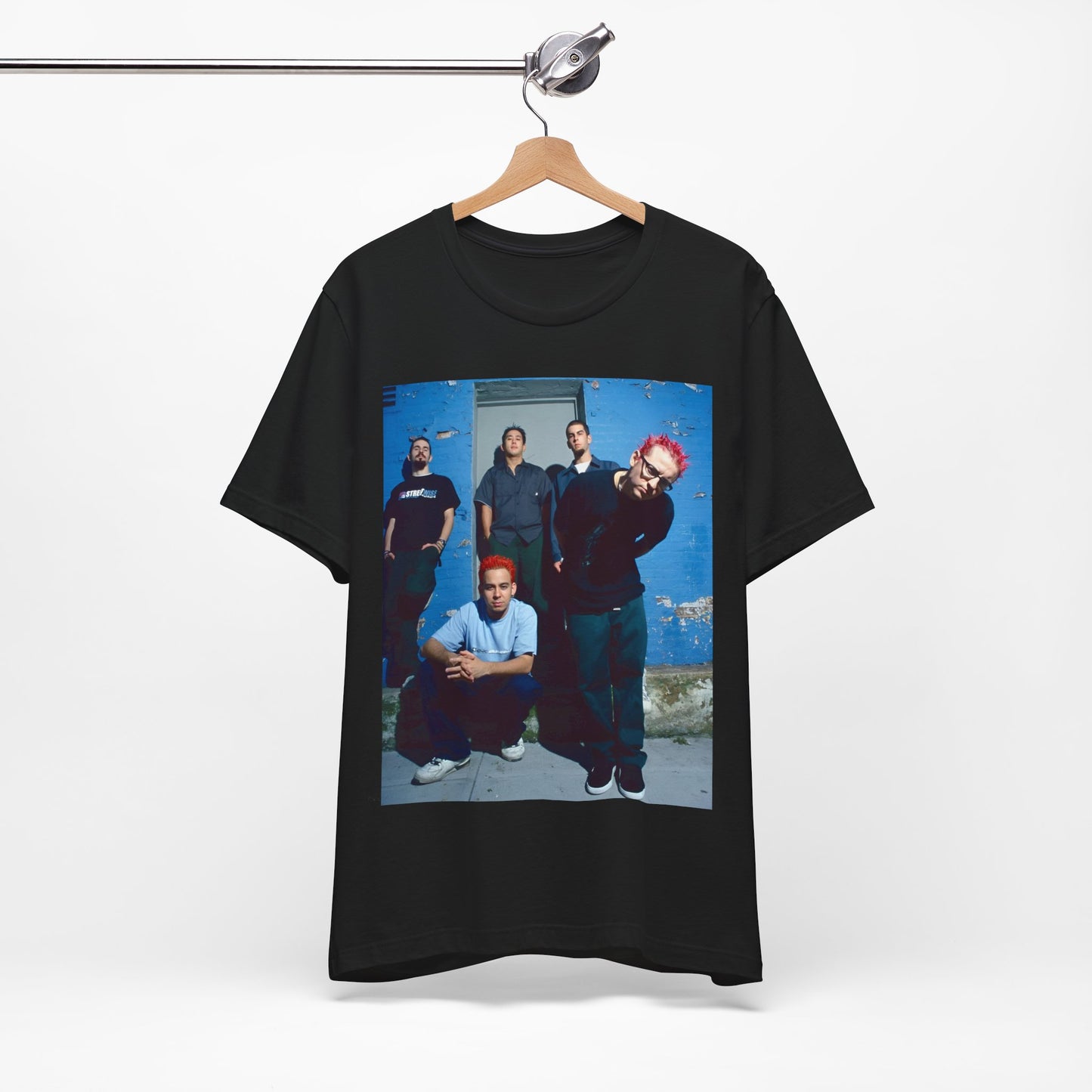 A black graphic t-shirt featuring a graphic of Linkin Park as nu-metal pioneers.
