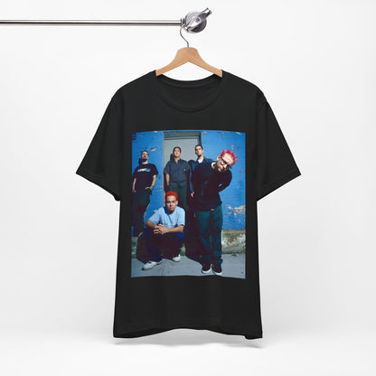 A black graphic t-shirt featuring a graphic of Linkin Park as nu-metal pioneers.