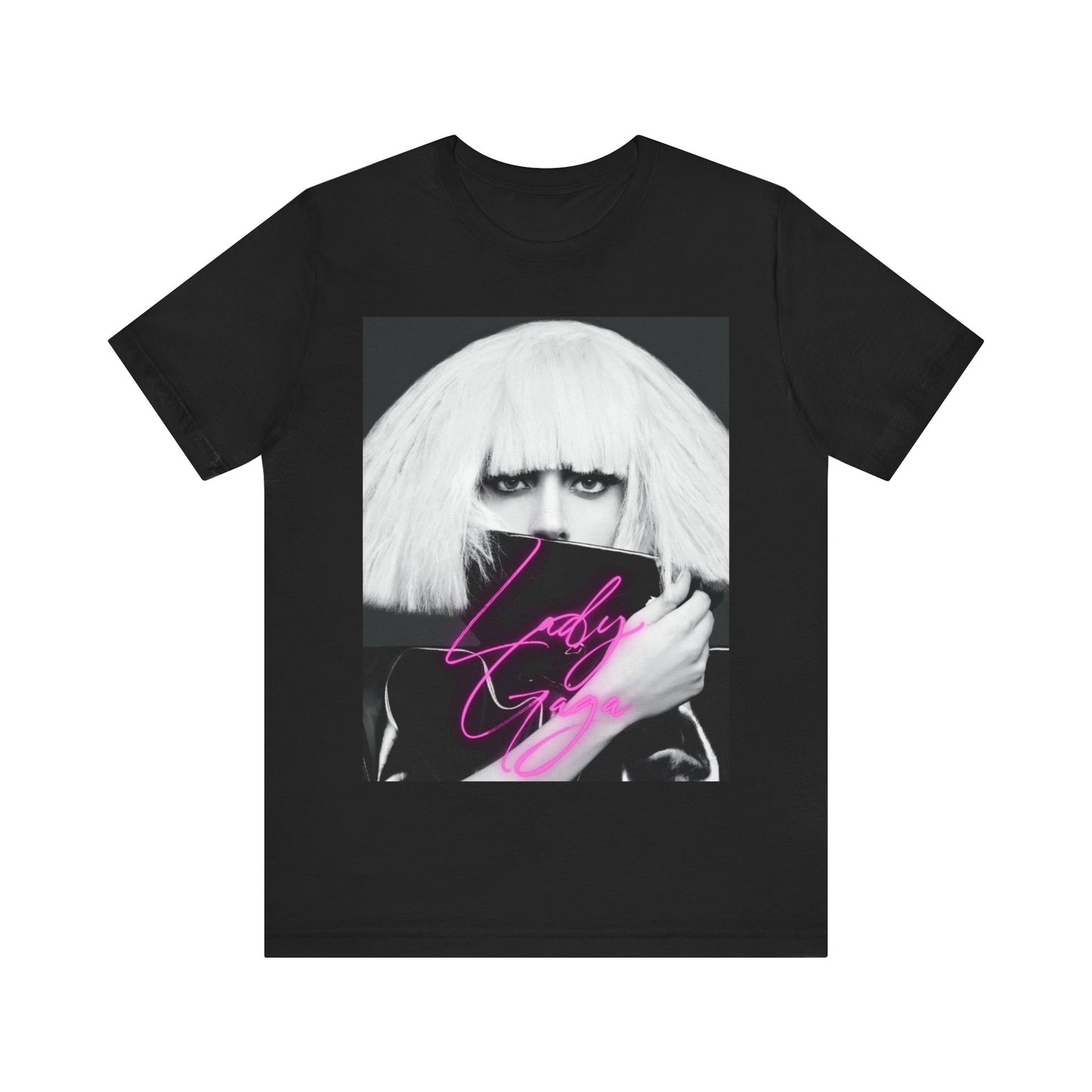 A black graphic t-shirt featuring a graphic related to Lady Gaga's 'Chromatica' album era.