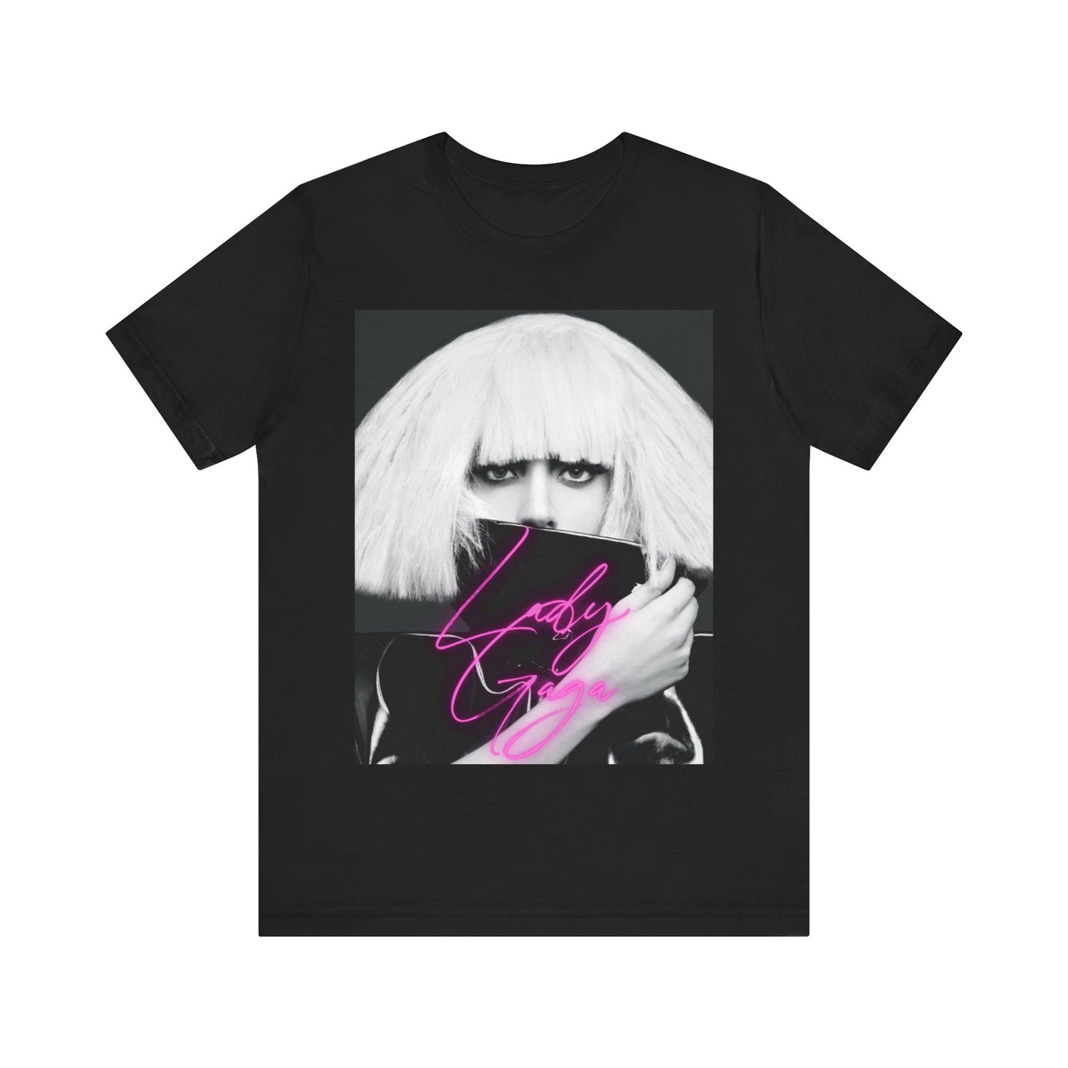 A black graphic t-shirt featuring a graphic related to Lady Gaga's 'Chromatica' album era.