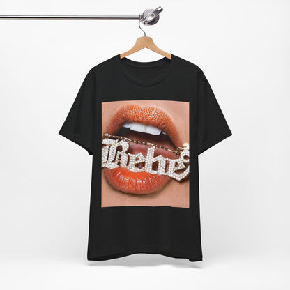 A black graphic t-shirt featuring a retro-style graphic inspired by Bebe Rexha's album art.