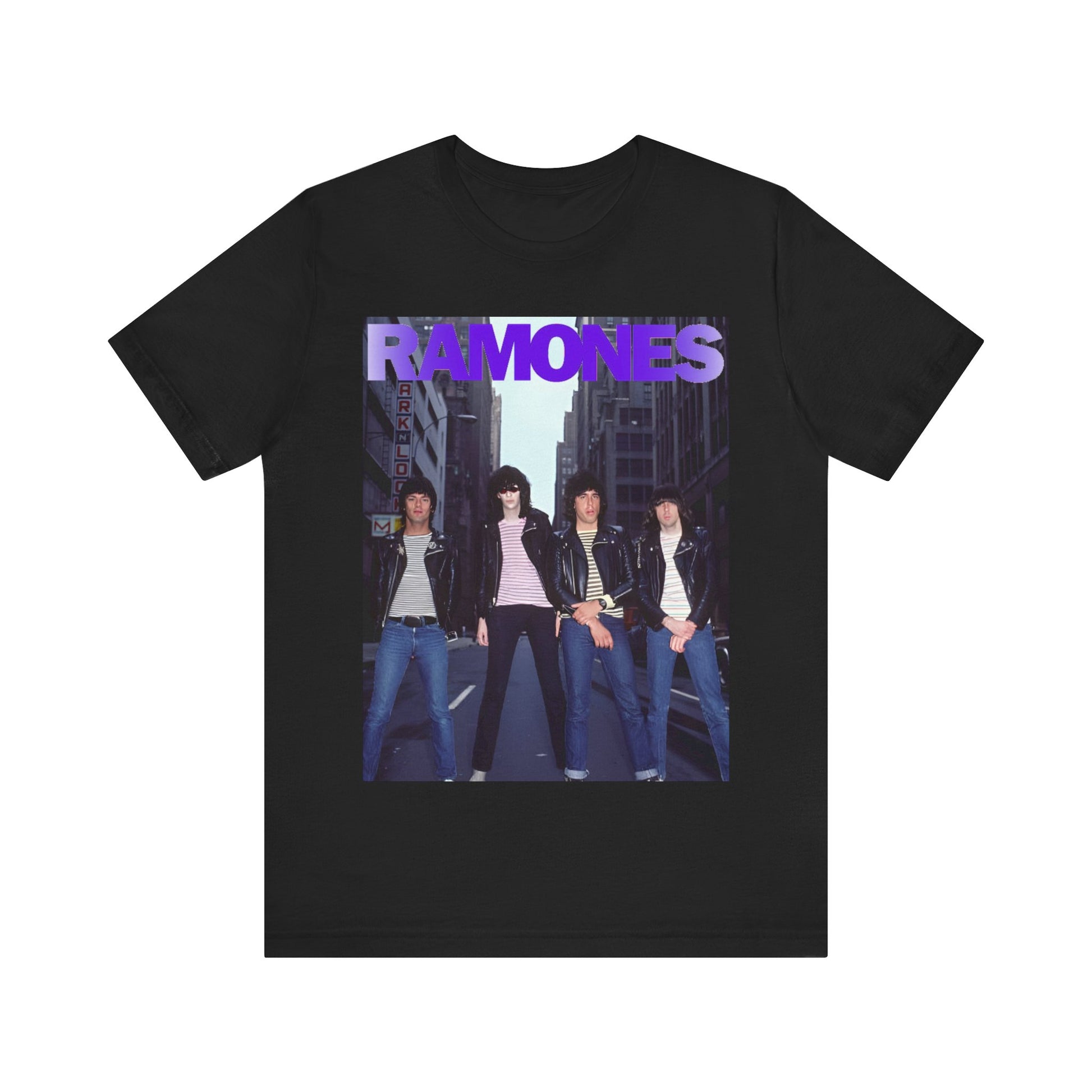 A black graphic t-shirt featuring a graphic of the Ramones emphasizing a rebellious punk spirit.