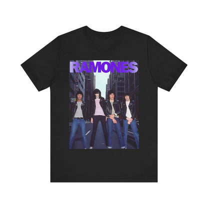 A black graphic t-shirt featuring a graphic of the Ramones emphasizing a rebellious punk spirit.
