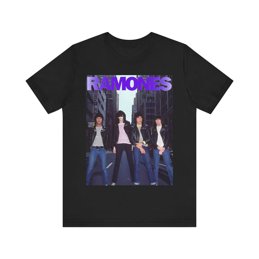 A black graphic t-shirt featuring a graphic of the Ramones emphasizing a rebellious punk spirit.