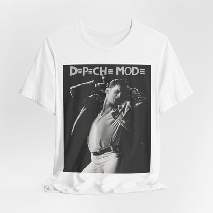 A black graphic t-shirt featuring a black and white graphic or photo of Depeche Mode performing live on stage.