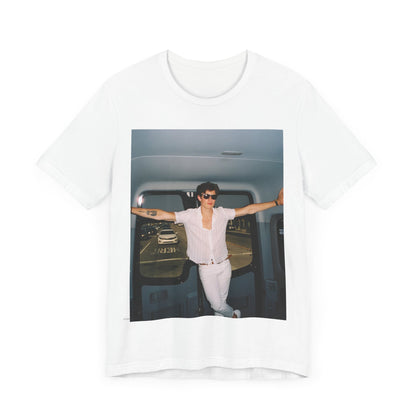 A black graphic t-shirt featuring a graphic of Shawn Mendes with a classic confident look.
