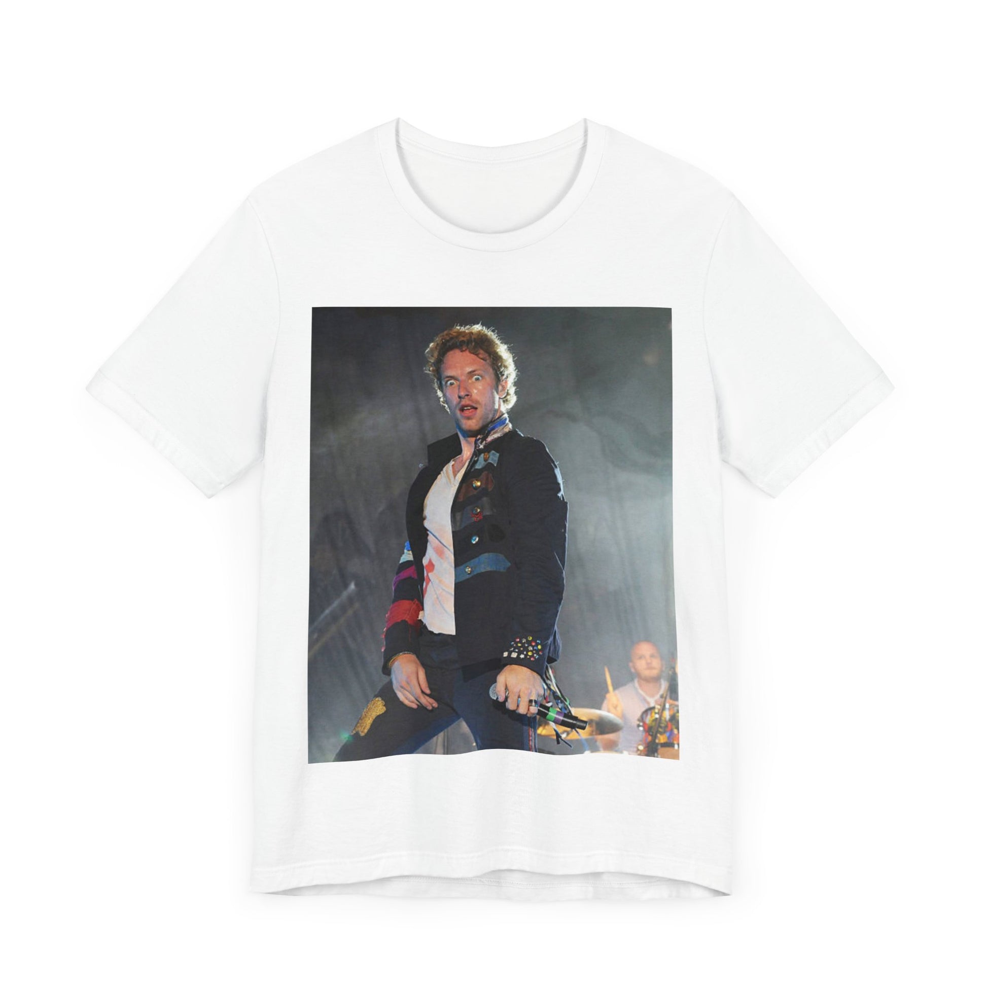 A black graphic t-shirt featuring a vintage graphic of Coldplay performing live acoustically.