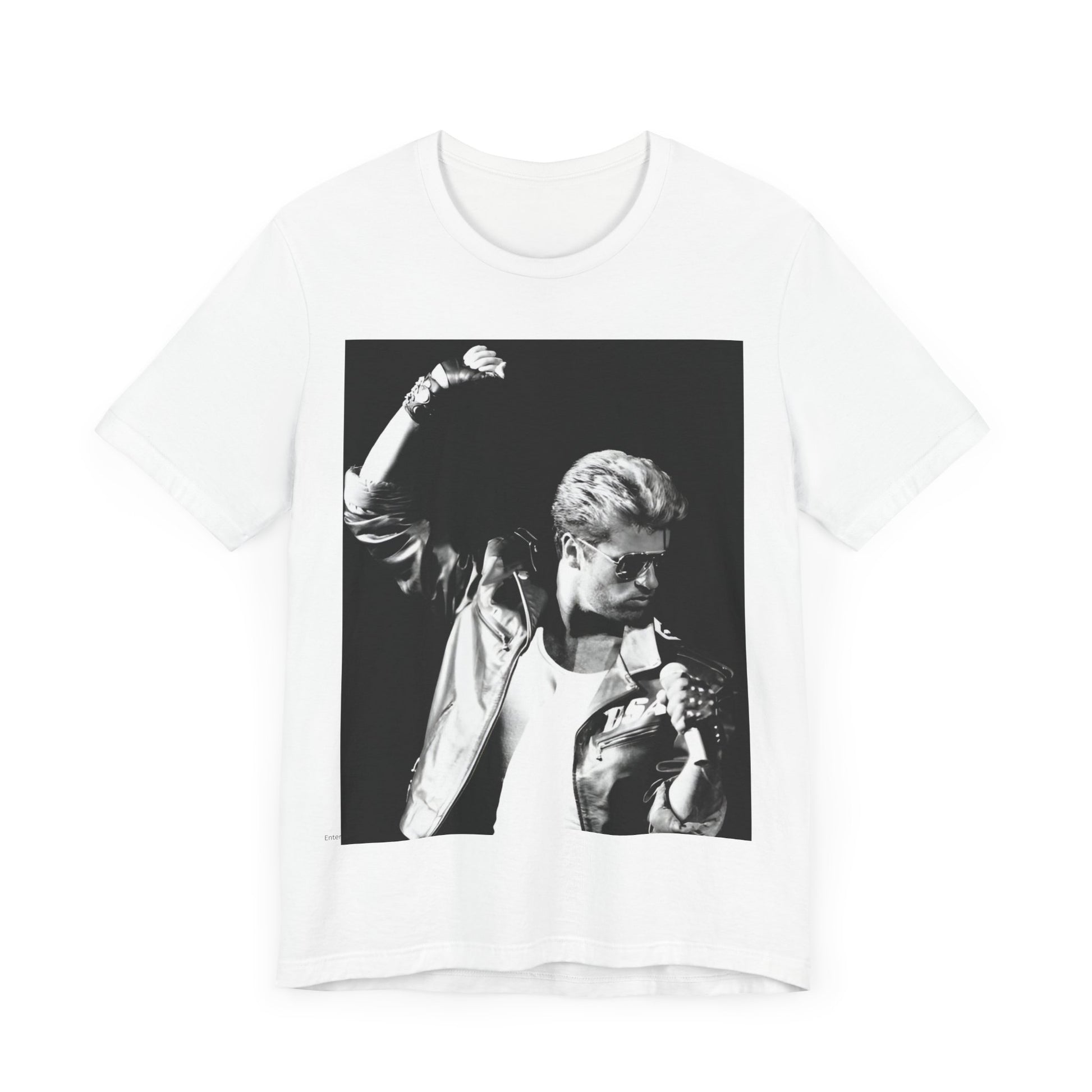 A black graphic t-shirt featuring a black and white photo of George Michael from his 'Faith' album era.