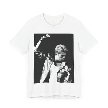 A black graphic t-shirt featuring a black and white photo of George Michael from his 'Faith' album era.